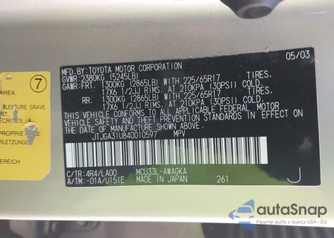 2004 Lexus Rx 330 z USA, uszkodzony, nr VIN JTJGA31U840010597